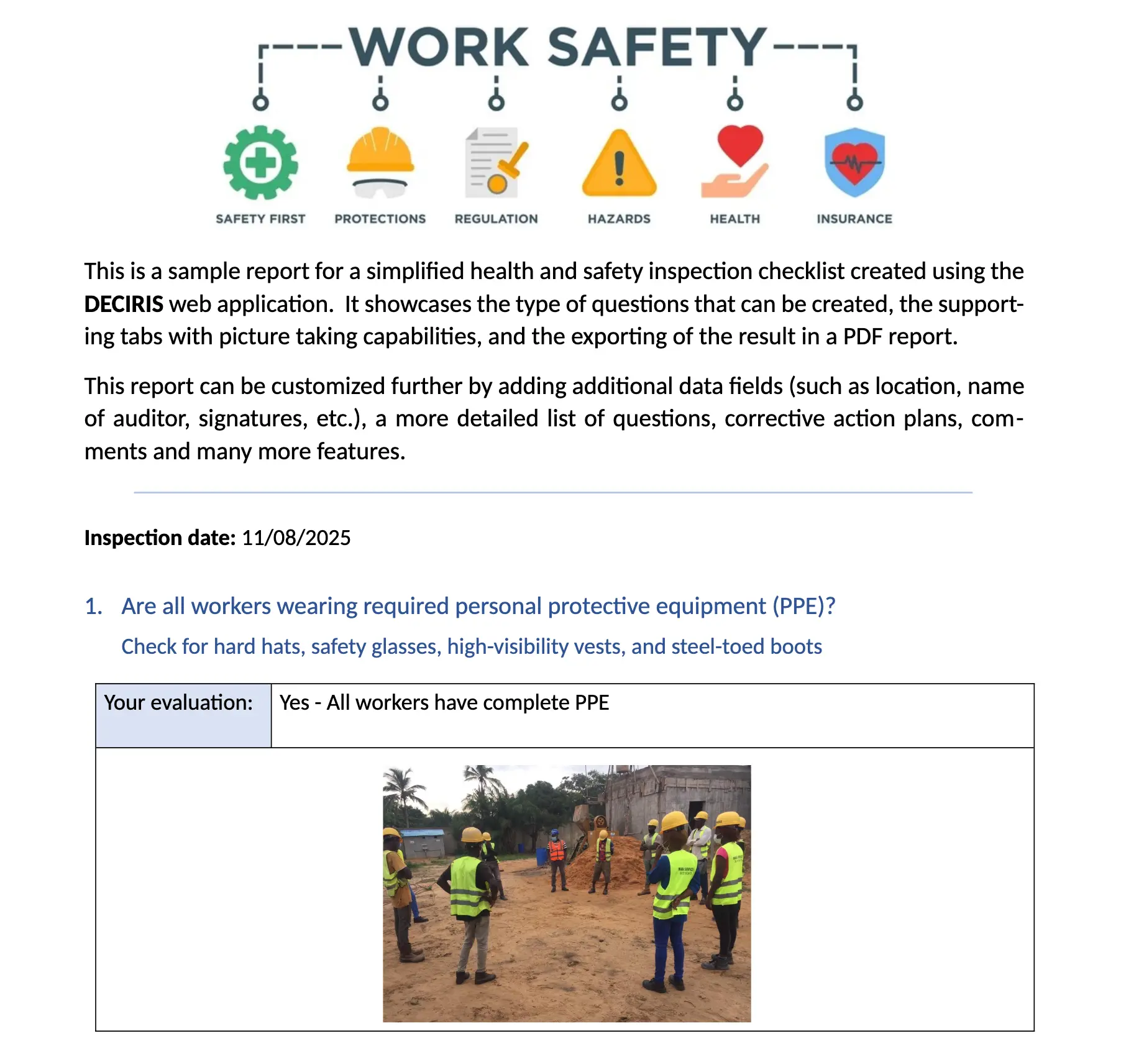 Example health and safety inspection PDF report with answers and a construction site photo.