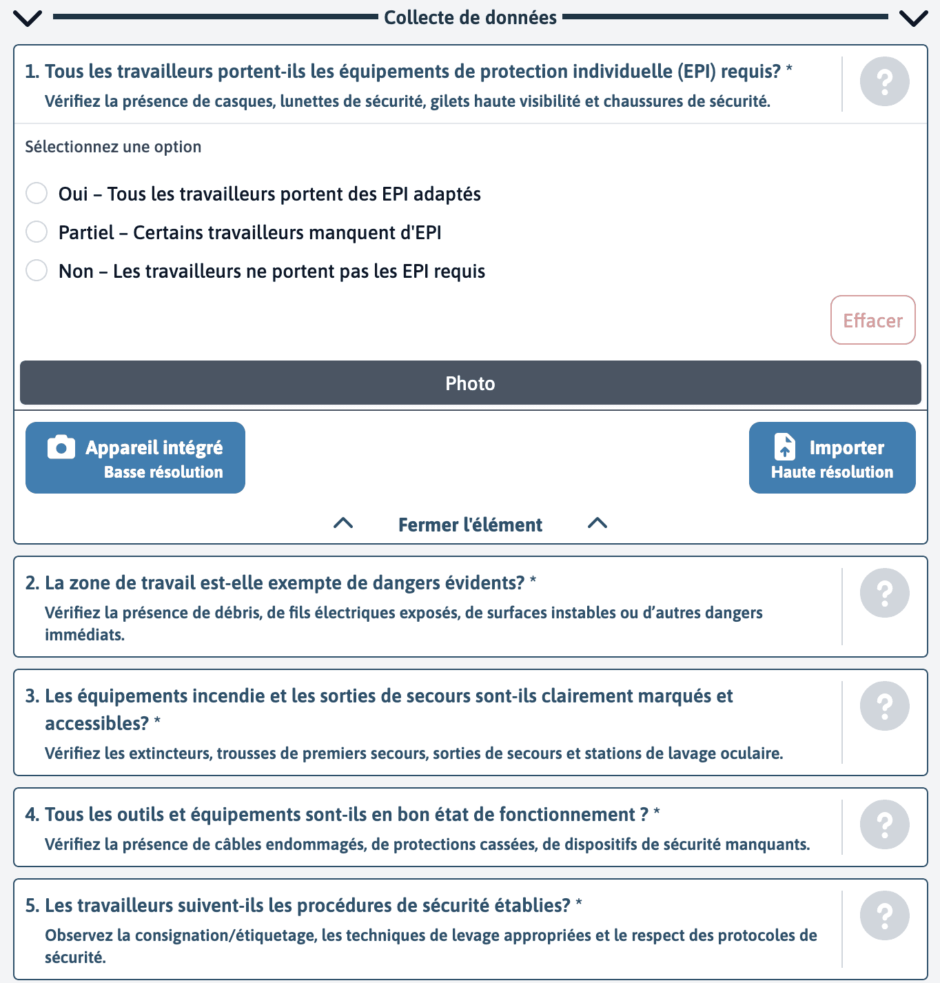 Questionnaire exemple de sécurité chantier en cinq questions
