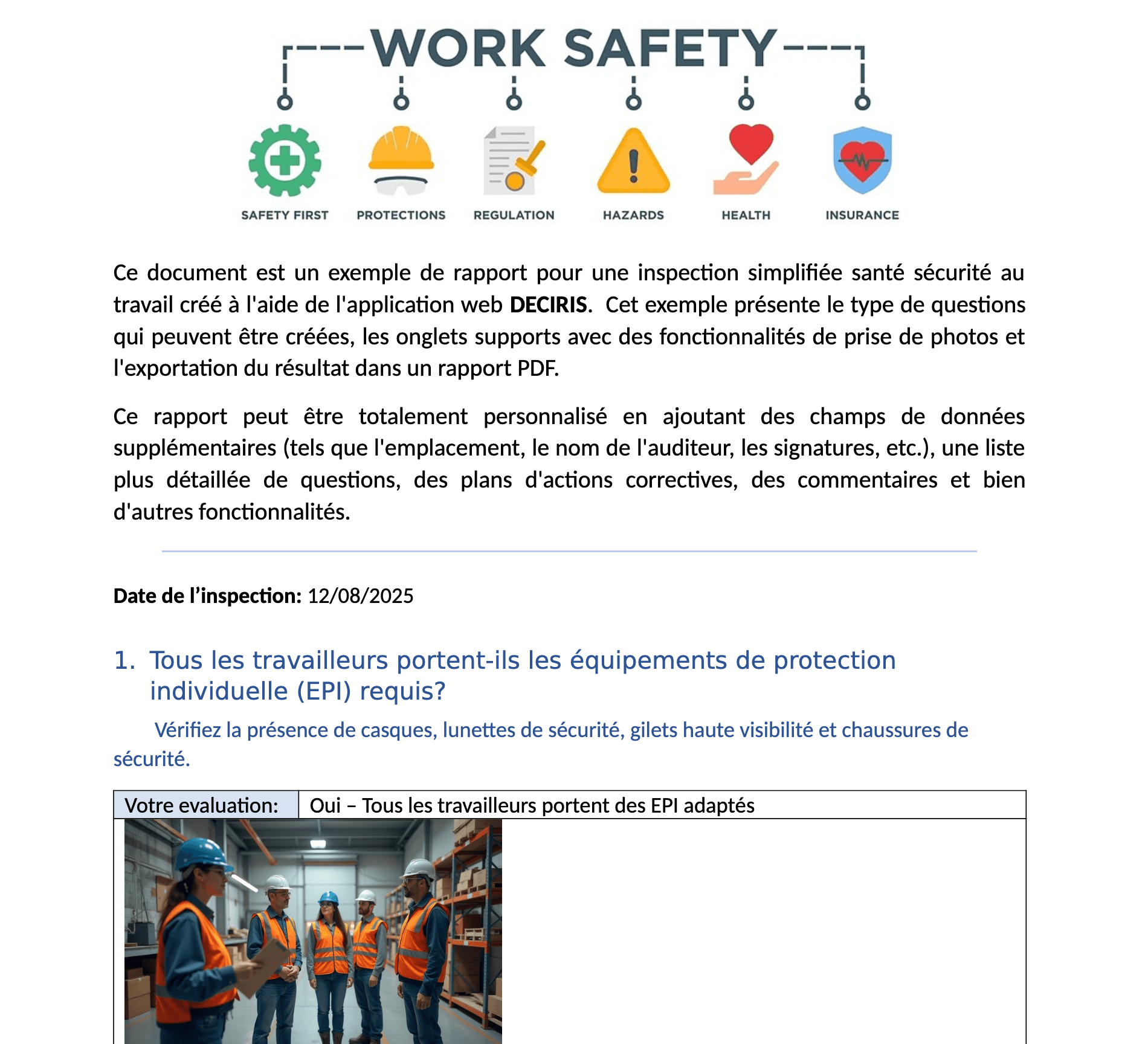 Rapport PDF exemple illustratif pour une inspection de sécurité simplifiée