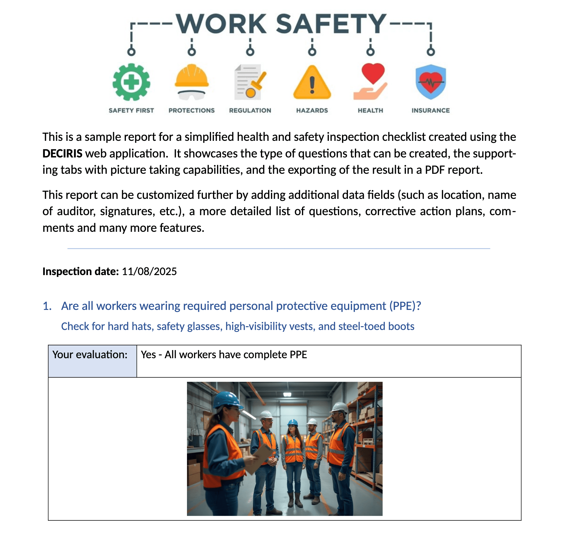 Illustrative sample PDF report for a simplified safety inspection