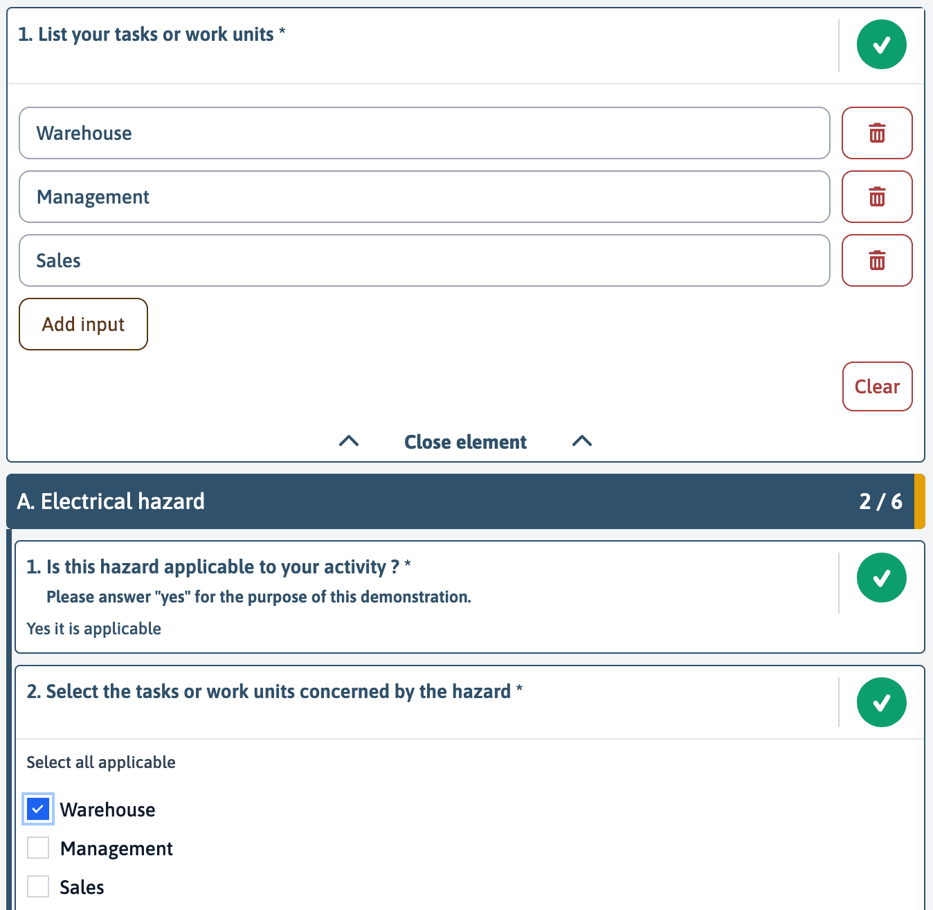 Linked text area and checkbox configuration inside a risk assessment matrix demo