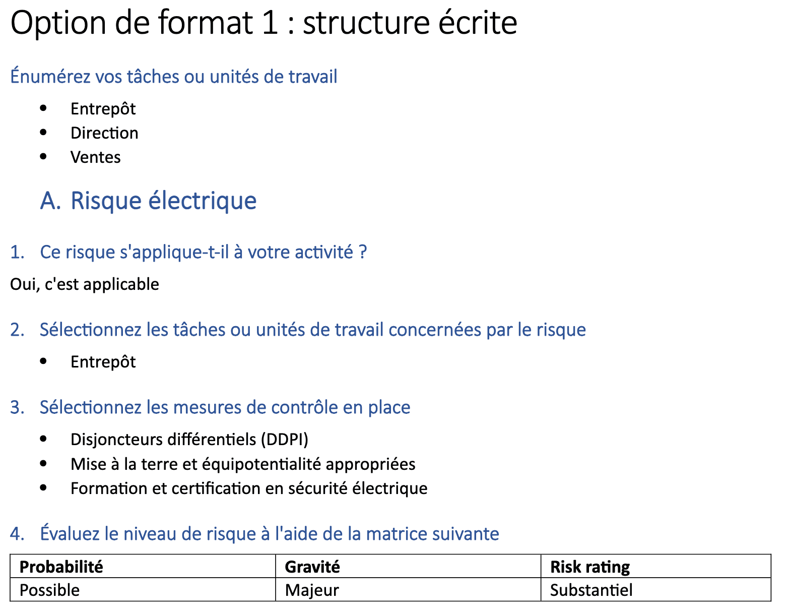 Rapport PDF et document DOCX générés à partir d’une matrice d’évaluation des risques